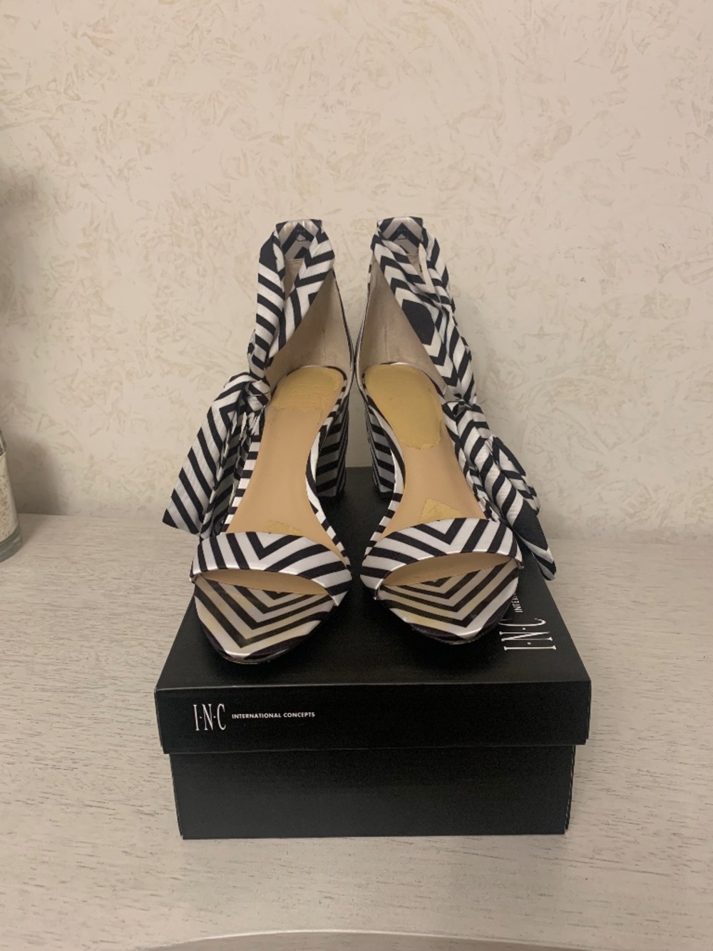 I.N.C. Kanata Black and White Striped Satin Tie-Up Sandal Heels, Size 10